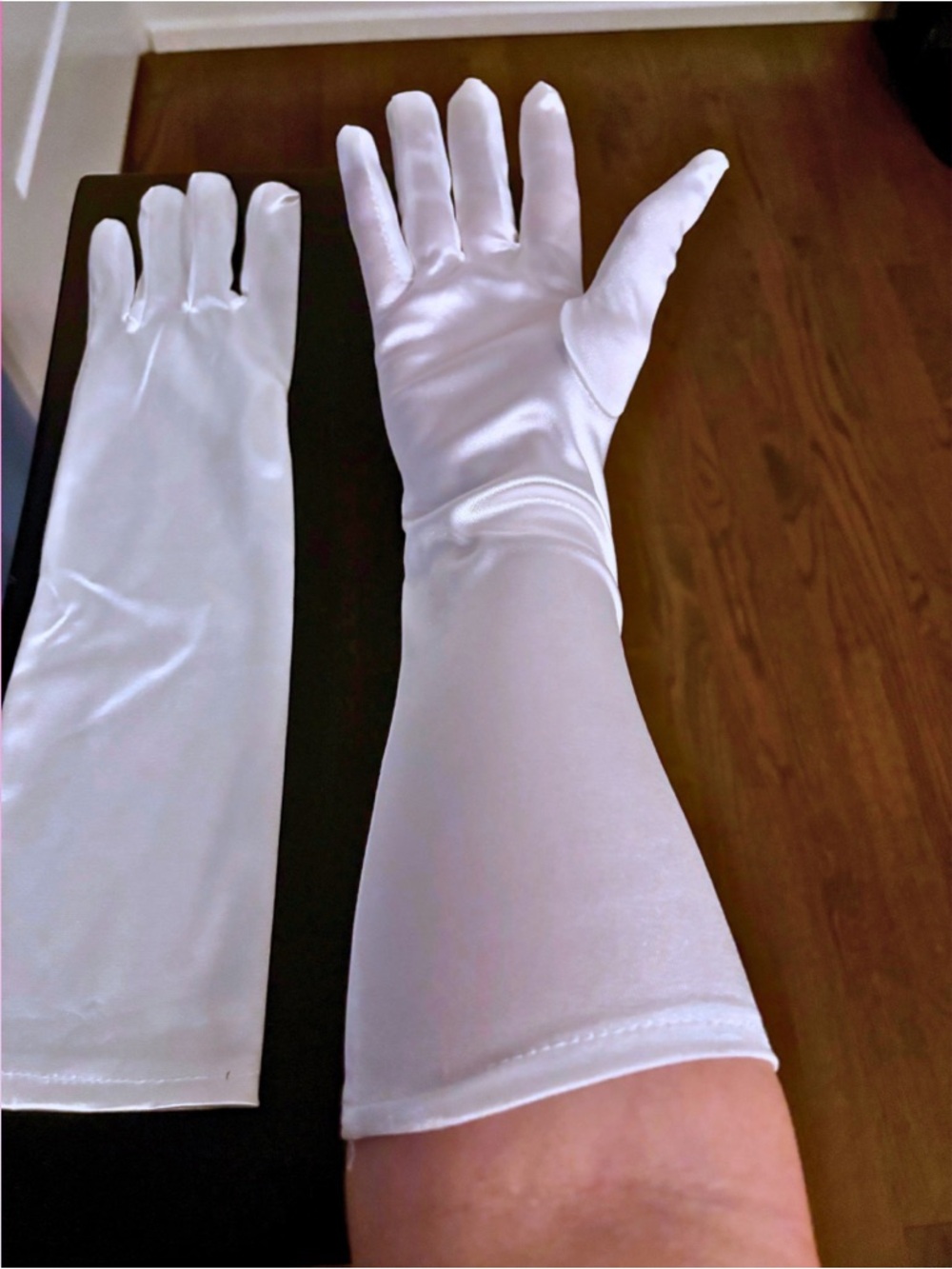 WHITE SATIN GLOVES | mid-length below elbow | Women’s Size Medium